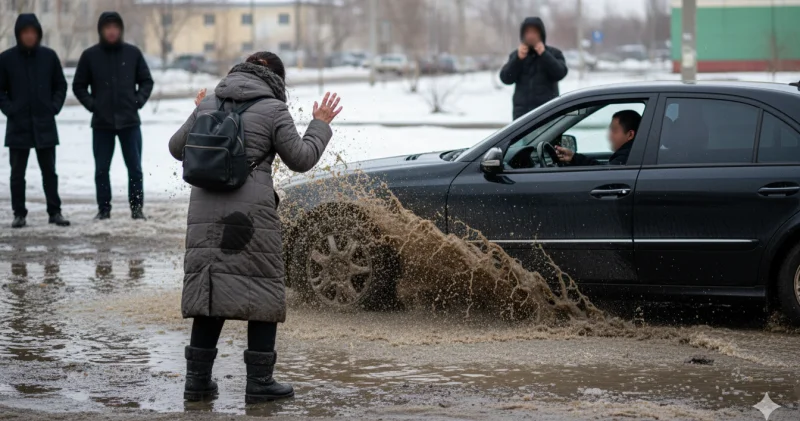 Жол бойындағы лай суды әйелге шашып кеткен жүргізуші жазаға тартылды