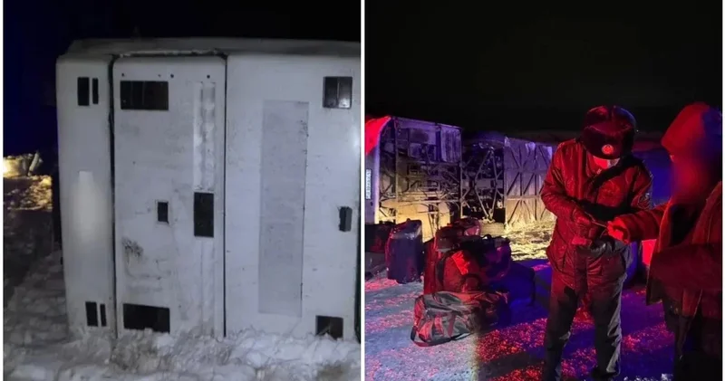 Ішінде 50 адам болған : Павлодарда үлкен автобус жолда аударылып кетті