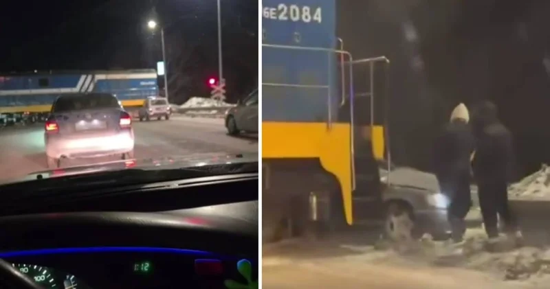 Семейде локомотив жеңіл көлікті теміржол бойымен сүйреп кетті