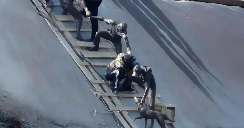 В Алматы запечатлели момент спасения собаки из Сайрана, установив скульптуры