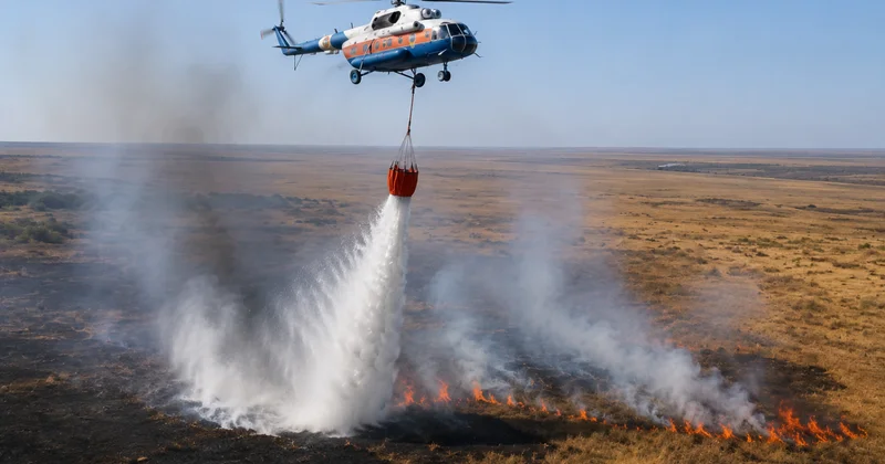 Пламя накрыли водопадом с неба в Павлодарской области: МЧС опубликовали видео из вертолёта