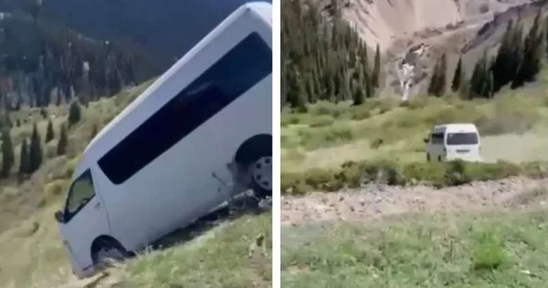 Туристический микроавтобус сорвался вниз по крутому склону на Кольсайских озёрах (ВИДЕО)