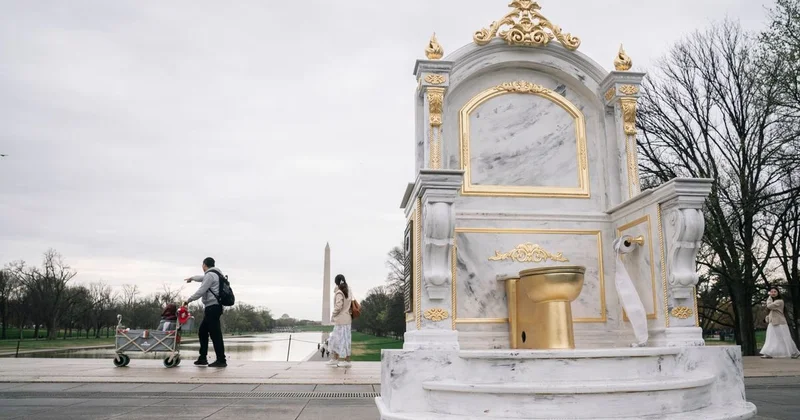 Трон, достойный короля : золотой унитаз появился в США в знак критики Трампа