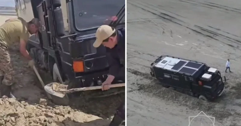 В Мангистау больше суток вытаскивали из солончака автодом семьи туристов из Великобритании (ВИДЕО)